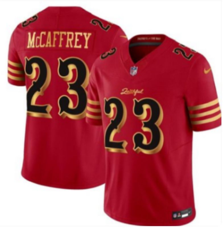 Men 2025 Nike San Francisco 49ers #23 Mccaffrey red gold 5th generation Limited NFL Jersey 002
